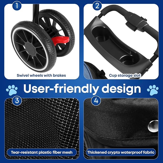 Pet Stroller,Dog Stroller for Small Medium Dogs Cats,3 Wheels,Foldable,with Breathable Mesh Canopy,Cup Holders,Easy Assembly (Blue+Black)