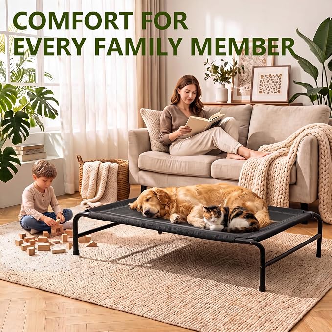 MICOOYO Outdoor Dog Bed, Elevated Dog Bed Raised Dogs Bed with Breathable & Washable Mesh, No-Slip Feet, Easy Clean, Chew Proof, Portable Dog Cot for Indoor & Outdoor Use, 43" x 31" x 8", Black