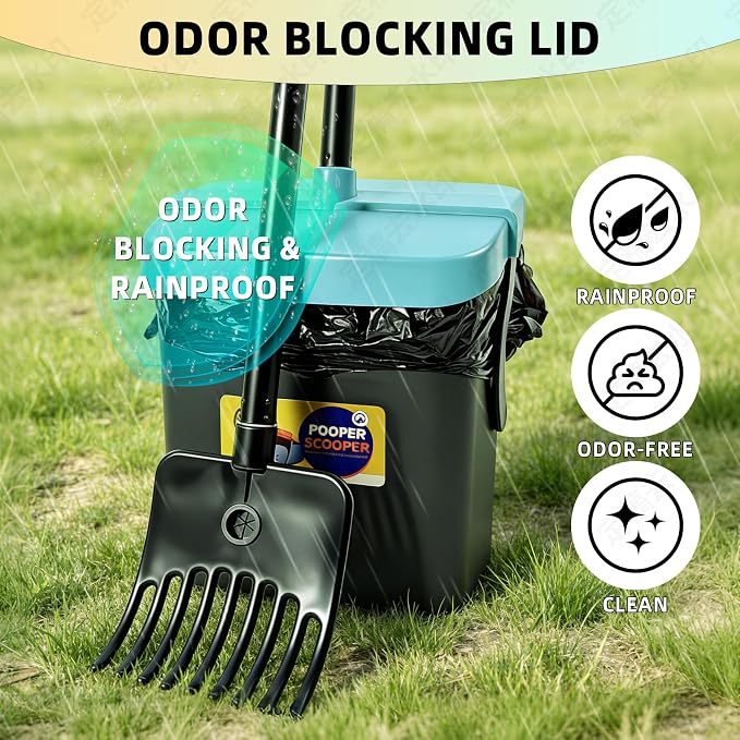 46" Pooper Scooper Swivel Bin & Rake for Large Small Dogs with Bag Attachment, Long Handle Poop Scooper with Lid for Yard (Blue)