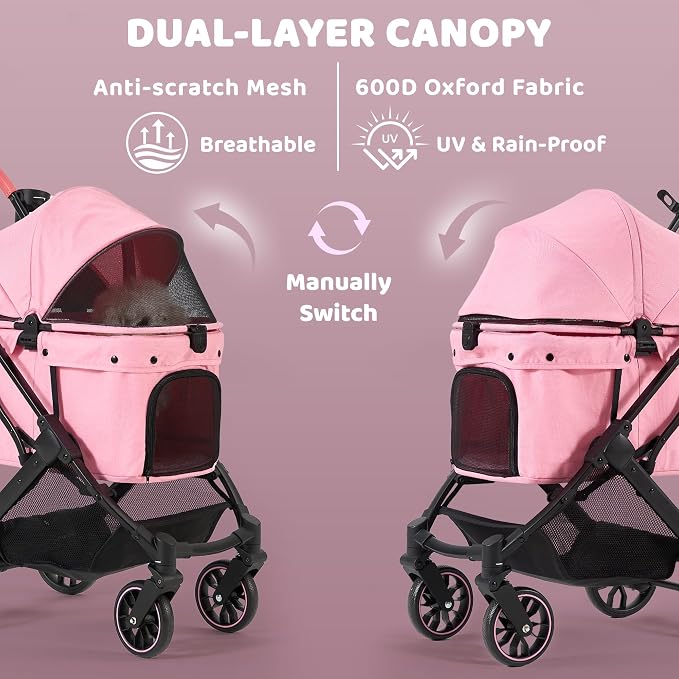 Dog Stroller for Small to Medium Dogs with Detachable Carrier, Pink | 3-in-1 Pet Stroller, Dual-layer UV-Resistant Waterproof Canopy with Breathable Mesh, All-Terrain PU Wheels with Suspension