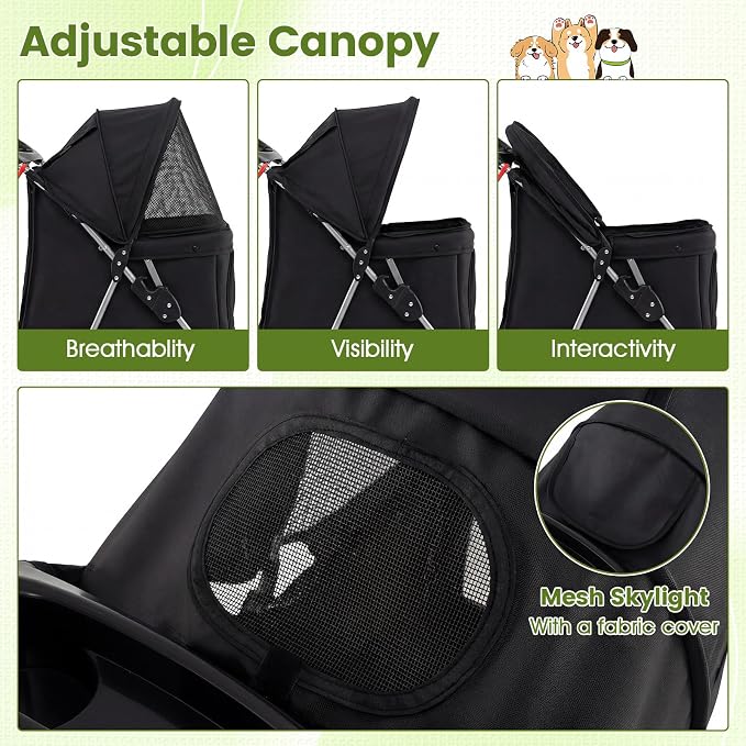 PETSITE 4 Wheels Pet Stroller, Foldable Dog Strollers for Small Dogs with Breathable Mesh, Waterproof Cover, Storage Basket, and Cup Holders, Ideal for Dogs Cats up to 33 lbs (Black)