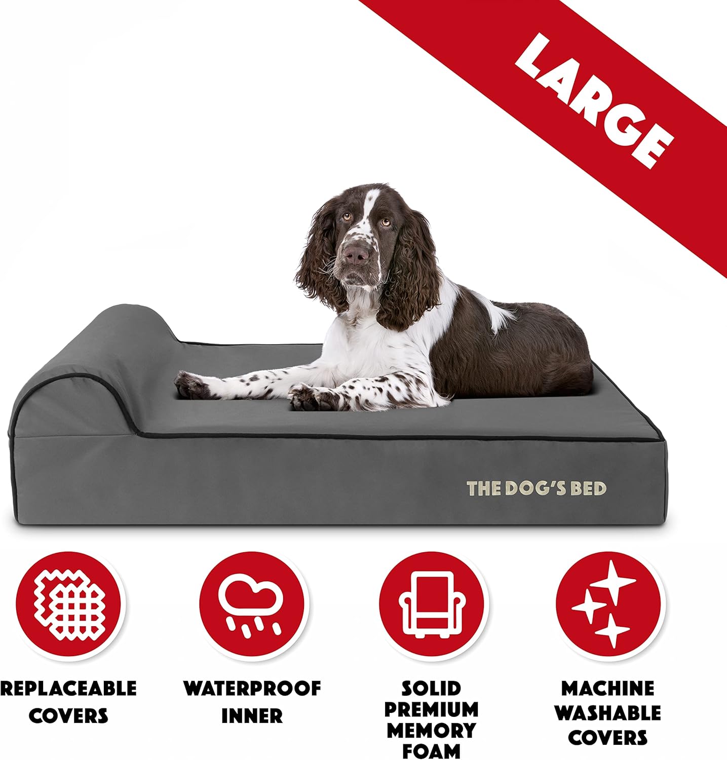 The Dog’s Bed Orthopedic Headrest Dog Bed Large Grey/Black 40x25, Memory Foam, Pain Relief: Arthritis, Hip & Elbow Dysplasia, Post Surgery, Lameness, Veterinary Approved, Waterproof Washable Cover