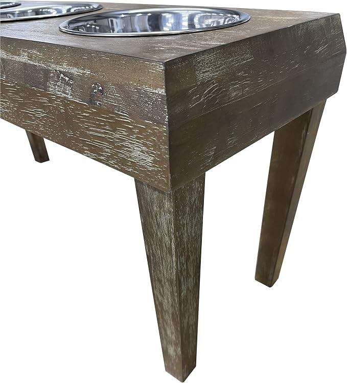| 3 Bowl Dog Feeder - Aluminum Bowls - Washed Oak Finish - Raised Dog Feeder - 16 inch Tall - Brown