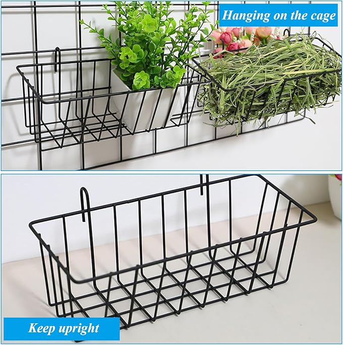 6PCS Rabbit Hay Feeder Bunny Hay Feeder Heavy Duty Metal Rack with Hooks, 9x4x3 Inch Rabbit Hay Holder Cage Hanging Hay Holder for Rabbits Bunny Guinea Pig (Black)
