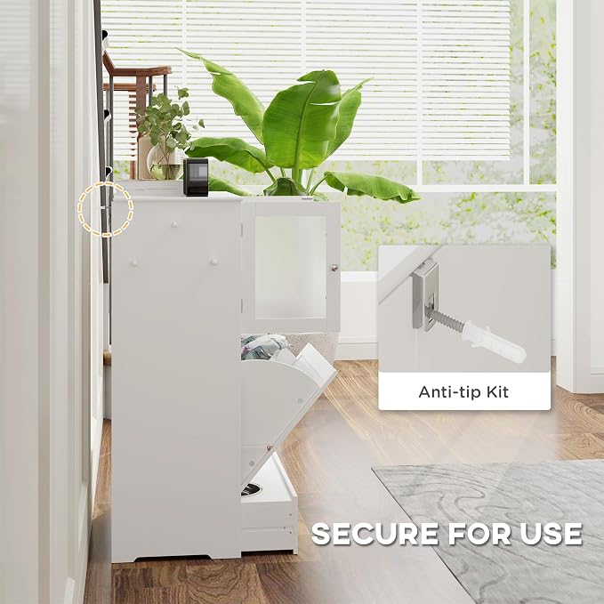 PawHut Dog Feeding Station, 2 Storage Cabinets, Elevated Dog Bowls, White | Side Hooks, Anti-tip Kit, Hidden Pet Feeder Station for Feeding & Watering