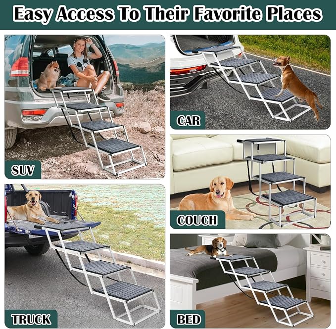 Joyrally 4-Step Dog Stairs for Car, Large Dogs, Non-Slip Surface | 20 in extra-wide aluminum frame, non-slip surface and foldable design for SUV and truck trunks, for senior and injured dogs