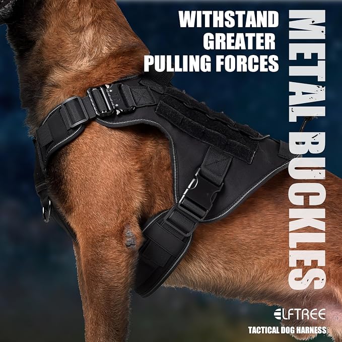 Tactical Dog Harness, Military Reflective Dog Harness | 2X Metal Buckle，Hidden Airtag Holder and Handle, Adjustable No-Pull Service Dog Vest with Molle & Loop Panels