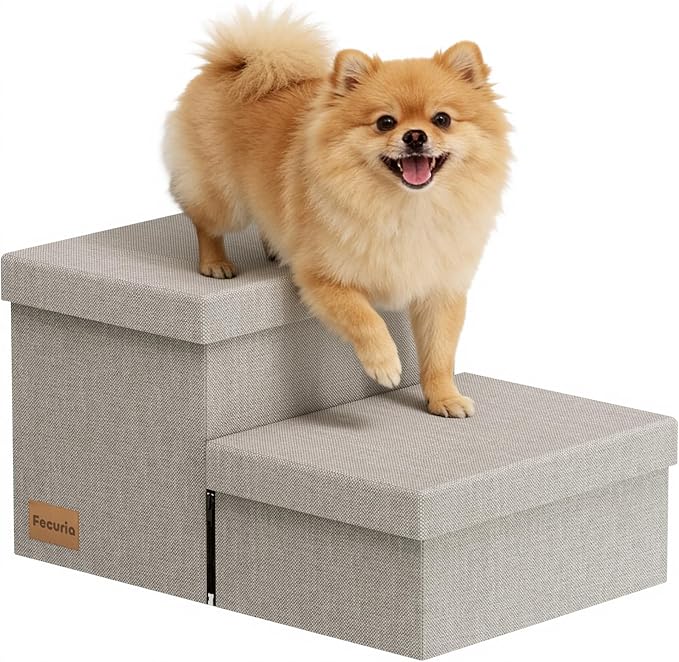 2-Step Wide Dog Stairs with Storage 11" H, Non-Slip Sturdy Pet Steps for Couch Chair, Dog Steps for Small/Medium Old Dogs, Cats, Rabbits Up to 150lbs, Foldable Cat Puppy Stairs for Car, Grey