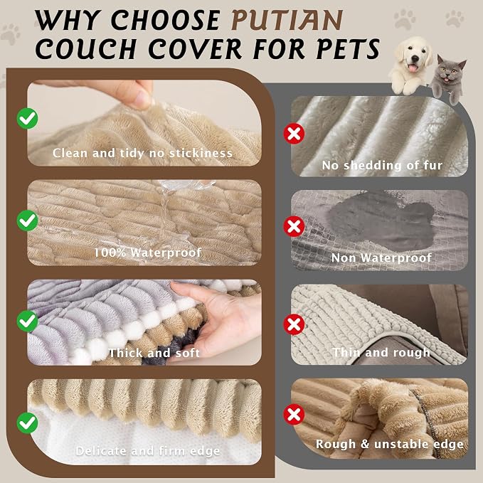 PuTian 100% Waterproof Fuzzy Couch Cover for Dogs Khaki 27.6"x70.9" | Pet Friendly Dog Mat for Couch, Waterproof Sofa Protector, Scratch Resistant Furniture Cover for Dogs, Machine Washable
