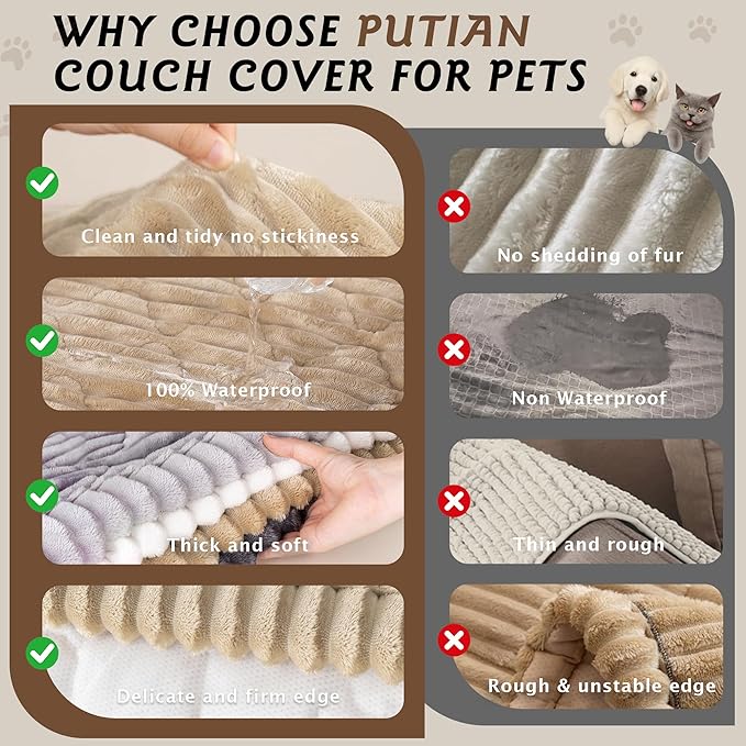 PuTian 100% Waterproof Fuzzy Couch Cover for Dogs Khaki 27.6"x59" | Pet Friendly Dog Mat for Couch, Waterproof Sofa Protector, Scratch Resistant Furniture Cover for Dogs, Machine Washable