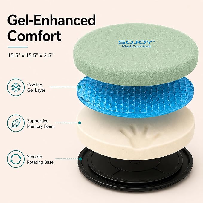 Sojoy iGelComfort Deluxe Gel Swivel Seat Cushion with Supportive Memory Foam 360 Degrees Rotating Seat Cushion for Home,Stool Chair,Office (Green, 15.5 * 15.5 * 2.5)