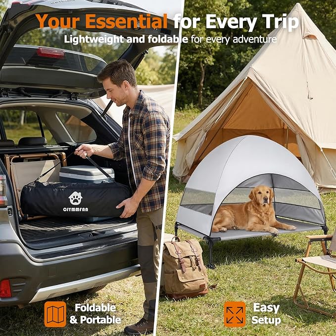 Elevated Dog Bed with Upgraded Canopy, Raised Outdoor Dog Tent with Powerful Anti-Slip Feet, Portable Pet Cot with Larger Shade, Raised Cooling Bed for Camping, Backyard, Beach, Poolside
