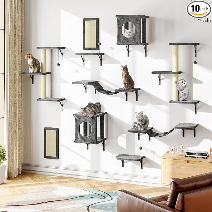NUNU LAB Cat Wall Shelves, 10-in-1 Wall-Mounted Cat Furniture Set, Large Cat Climber Set with House, Bridge, Steps, Scratcher, DIY Playground, Shelves for Indoor Wall Furniture Set - Grey