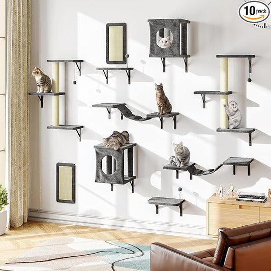 NUNU LAB Cat Wall Shelves, 10-in-1 Wall-Mounted Cat Furniture Set, Large Cat Climber Set with House, Bridge, Steps, Scratcher, DIY Playground, Shelves for Indoor Wall Furniture Set - Grey