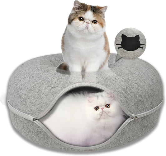 Donut Cat Tunnel Bed Peekaboo Cat Cave for Large Cats Up to 30 Lbs, Kitty Interactive Playing Tent House for Multiple Cats,Detachable,Scratch Resistant (Light Gray, Medium - 20 Inch Diameter)