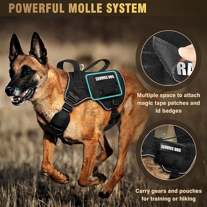 2X Metal Buckle Service Working MOLLE Dog Vest with 10 Pet Patches | Tactical Dog Harness for Large Dog, No-pull Military Working Vest for Training Hunting Walking，2x D Rings for Leash Clip