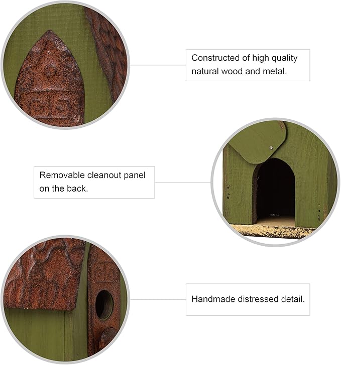Glitzhome JK97326 Hanging Distressed Wooden Bird House Garden Decorative 13.25 Inch Tall, Green