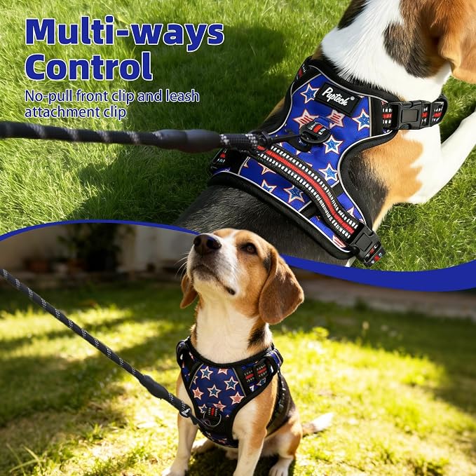 PUPTECK No Pull Tactical Dog Harness Medium Sized, Adjustable Reflective Dog Harness with Handle Easy Control, Comfortable Soft Padded Pet Vest Harness for Medium Dogs, Blue Stars M