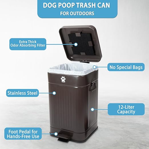 Dog Poop Trash Can Outside - Outdoor Dog Waste Trash Can with Lid - Odor Proof Waste Station Container for Backyard - 12L/3.2Gal (Mulch)