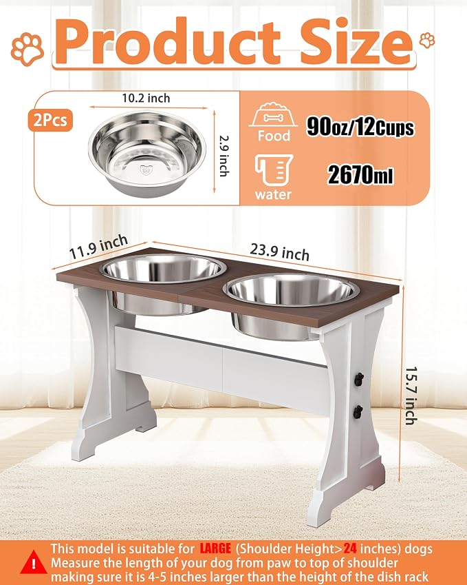 Piskyet Elevated Dog Bowls,Dog Bowl Stand, 12Cups15.7 H_90oz Bowl-Farmhouse | Farmhouse Dog Bowls Stand, Raised Dog Bowl with 2 Stainless Steel Wooden Dogs Bowls for Large Size Dogs