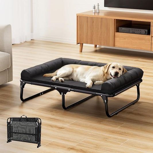 Foldable Elevated Large Dog Cot Bed with Detachable Soft Mat | For Indoor & Outdoor, Raised Orthopedic Pet Bed, Load Over 150 LBS, Carry Handle, Heavy Duty Frame, Non-slip Foot Pads