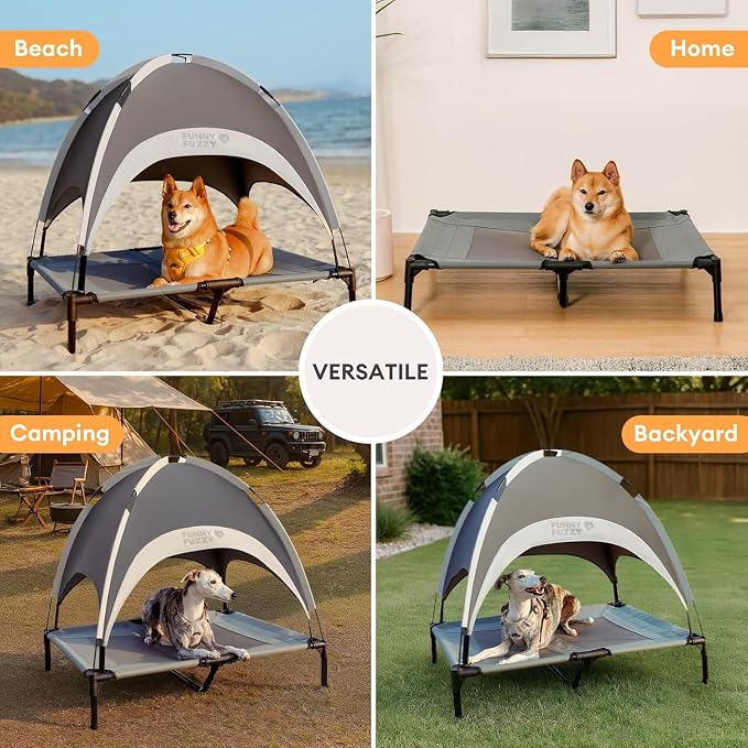 Outdoor Elevated Dog Bed with Canopy for Medium Dog, 36" Grey | Portable Raised Camping Pet Cot Hammock,Breathable Teslin Mesh,Weather Resistant,For Medium Pet Up to 55 lbs,Easy to Assemble