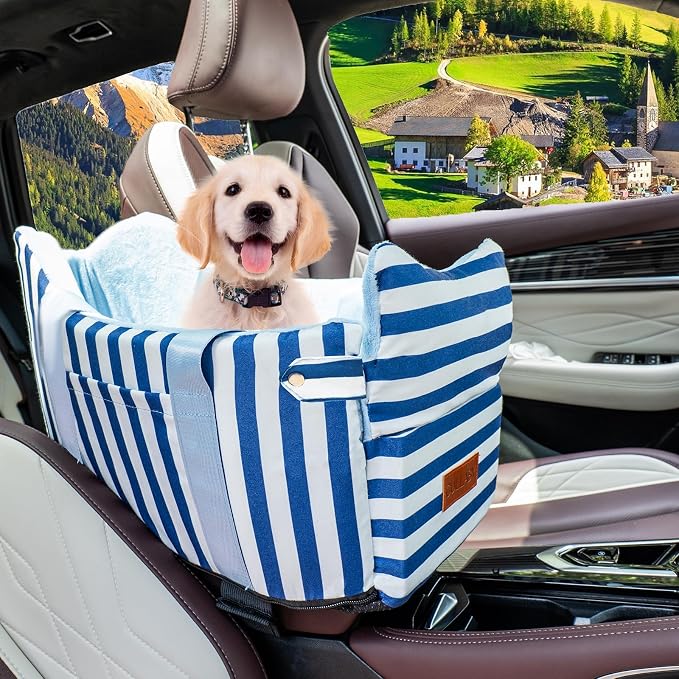 Console Dog Car Seat for Small Dogs to 15lbs (Blue& White Stripes) | Center Console Puppy Booster and Portable Travel Bed, Anti-Collapse Design with Washable Fluffy Cushion