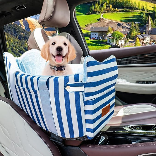 Console Dog Car Seat for Small Dogs to 15lbs (Blue& White Stripes) | Center Console Puppy Booster and Portable Travel Bed, Anti-Collapse Design with Washable Fluffy Cushion