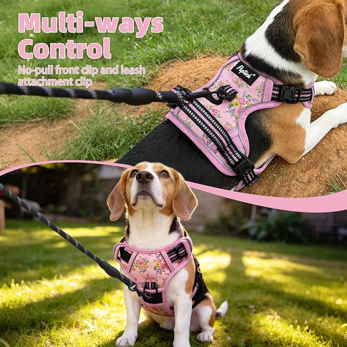 PUPTECK No Pull Tactical Dog Harness Medium Sized, Adjustable Reflective Dog Harness with Handle Easy Control, Comfortable Soft Padded Pet Vest Harness for Medium Dogs, Pink Flowers M