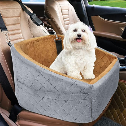 NEEZUKAR Dog Car Seat for Small Medium Dogs,Detachable Washable Dog Booster Seat Under 30lbs, Pet Car Seat Travel Bed with Storage Pockets and Dog Safety Belt(Grey/Brown)