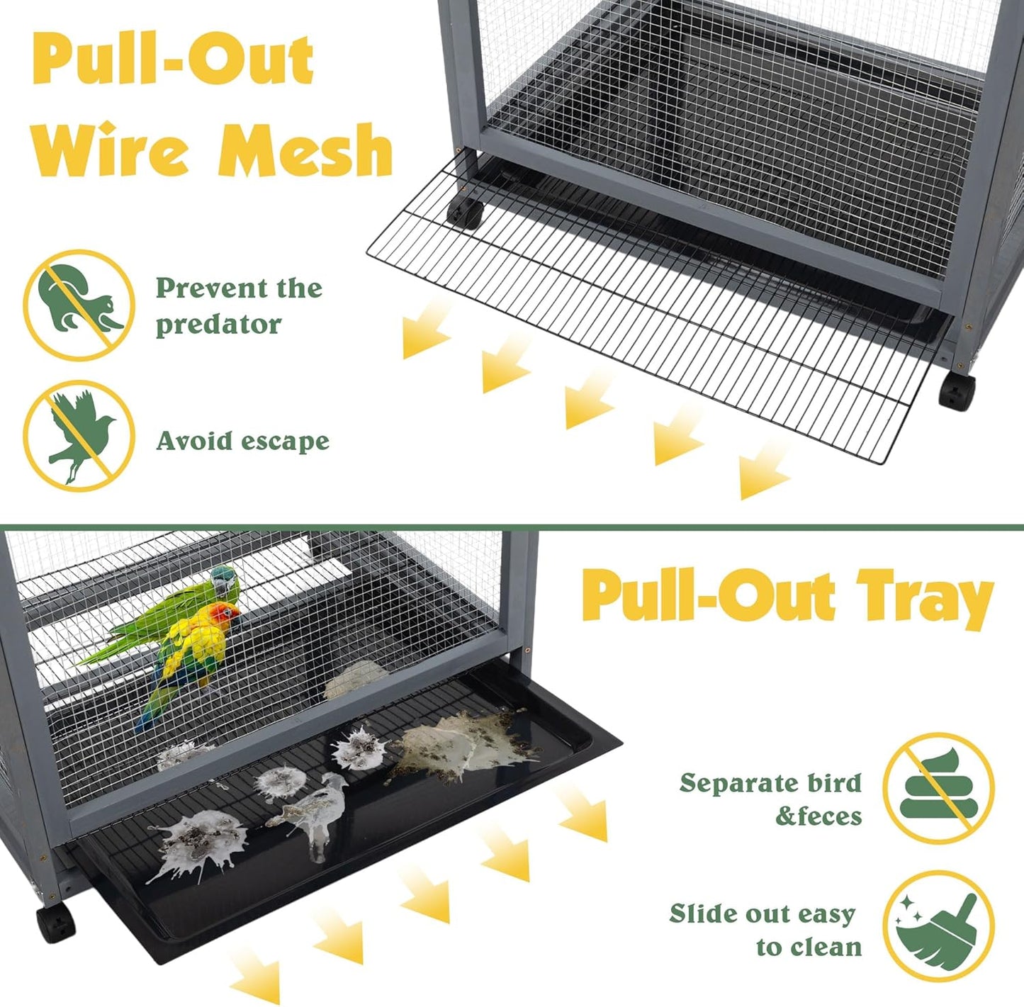 Coziwow 68" H Large Wood Bird Cage on Wheels, Outdoor Bird Aviary Indoor Wooden Large Bird Cage Parakeet Cage with Pull Out Tray and Feeder,Ideal for Small Birds,Finches,Parrots, Gray