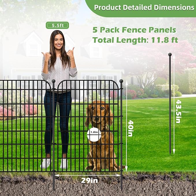 Blingluck Decorative Garden Fence, 5 Panels 40 in(H) X 11.8 ft(L) Rustproof Metal Wire No Dig Dog Fence Outdoor for Yard, Temporary Tall Garden Fence Animal Barrier Decor for Yard & Patio
