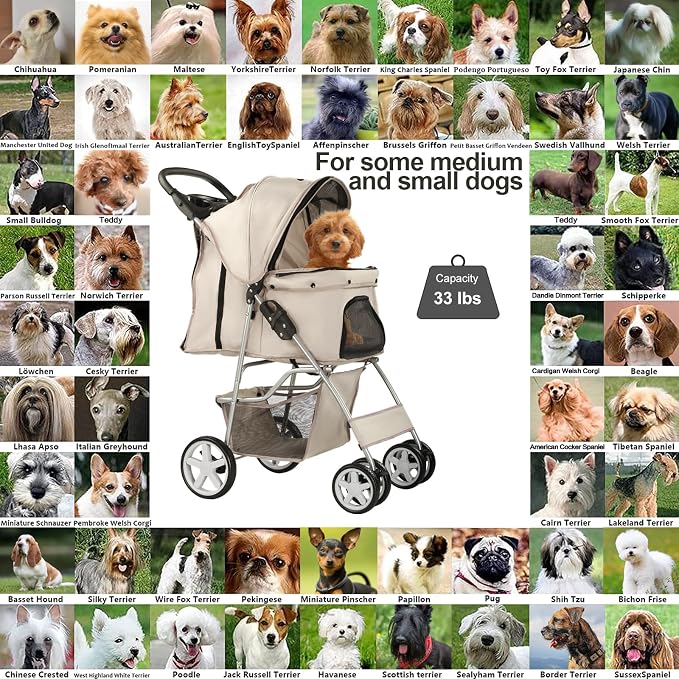 Pet Stroller for Small Dogs and CatsQuick-Folding Portable Travel Cat Dog Stroller with Storage Basket and Cup Holder, 4 Wheels, Gray