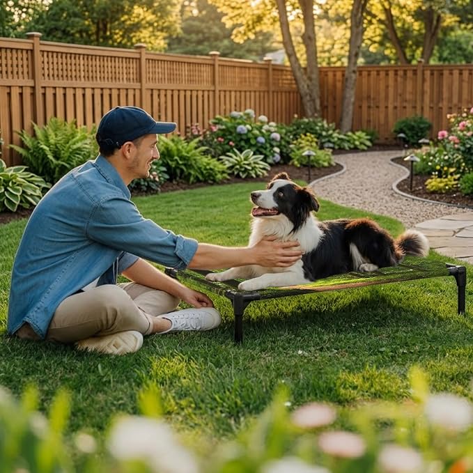 Outdoor Elevated Dog Bed for Large Dogs, Green Forest Breathable Cooling Raised Dog Cot for Indoor/Outdoor, Retro Rustic Natural Scenery Trees Waterproof Elevated Pet Beds, L 28 x 22 in