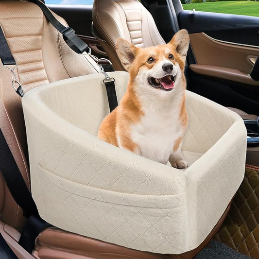 NEEZUKAR Dog Car Seat for Small Medium Dogs,Detachable Washable Dog Booster Seat Under 30lbs, Pet Car Seat Travel Bed with Storage Pockets and Dog Safety Belt (White)