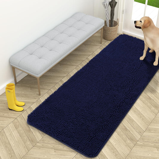 OLANLY Dog Door Mat for Muddy Paws 59x24, Absorbs Moisture and Dirt, Absorbent Non-Slip Washable Doormat, Quick Dry Chenille Mud Mat for Dogs, Entry Indoor Entryway Carpet for Inside Floor, Navy Blue