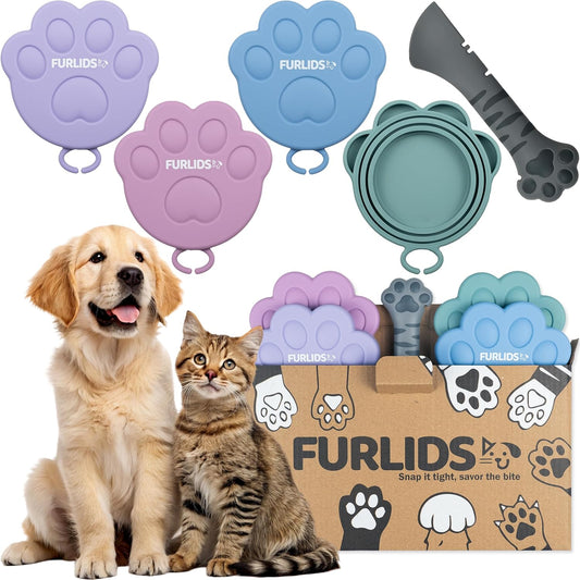 FurLids Silicone Pet Food Can Cover Lids Spatula for Dog & Cat Fresh Wet Food | Fits 3, 5.5, 12 oz | Airtight Snap Seal, Reusable, Dishwasher & Fridge Safe (Multicolor lids and grey spatula)