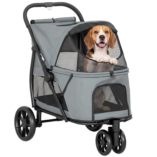 PawHut 3 Wheel Pet Stroller, Dog Stroller Dual Entry, Easy One-Click Quick Fold, All-Terrain Wagon Cart with Air Mesh, Washable Cushion, for Small and Medium Dogs and Cats Up to 44 lbs, Gray