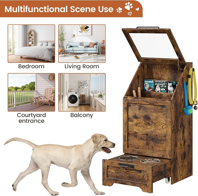 Garvee Dog Feeding Station with 2 Elevated Bowls, Brown | Wooden Dog Food Storage Cabinet, Flip Top Pet Feeding Station, Food Storage Container, Pet Toy Organizer