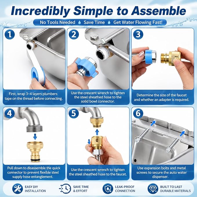 FHTONGE 304 Stainless Steel Automatic Dog Water Bowl Dispenser with Outfall | Float Valves Auto Fill, Wall-Mounted Dog Waterer for Outdoor Big Dog Livestock Poultry Horse Cow Goat Pig Chicken Duck Rabbit