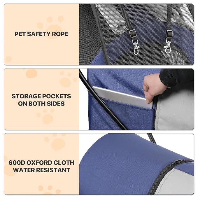 MoNiBloom Double Dog Stroller for Small and Medium Dog Cats, Navy Blue/Gray | Pet Stroller with Detachable Carrier Bags Large 4 Wheels Foldable Jogger for Small and Medium Dog Cats