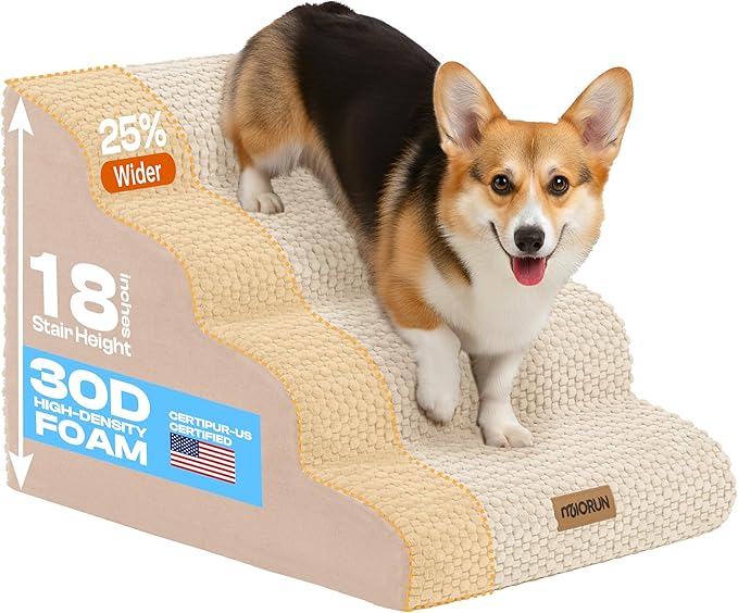 Extra Wide 4-Step Dog Stairs for Bed & Couch up to 20" H, More Stable Non-Slip Cat Steps with Balanced Foam Structure, Stylish Indoor Dog Steps for Senior Dogs and Cats, Beige