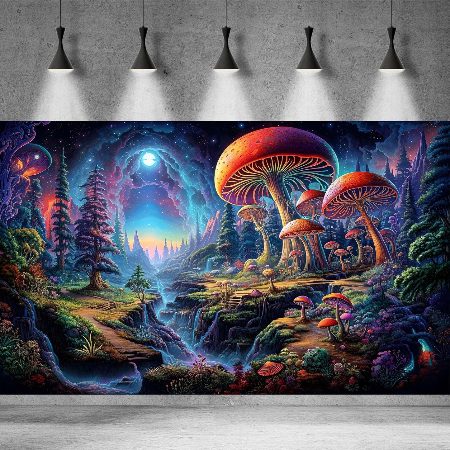 Forest Aquarium Background Fantastic Cartoon Forest Landscape with Mushrooms and Flowers Terrarium Background Fantasy Pine Tree Mysterious Mushroom Theme Fish Tank Backdrop Poster Decor 72x24in