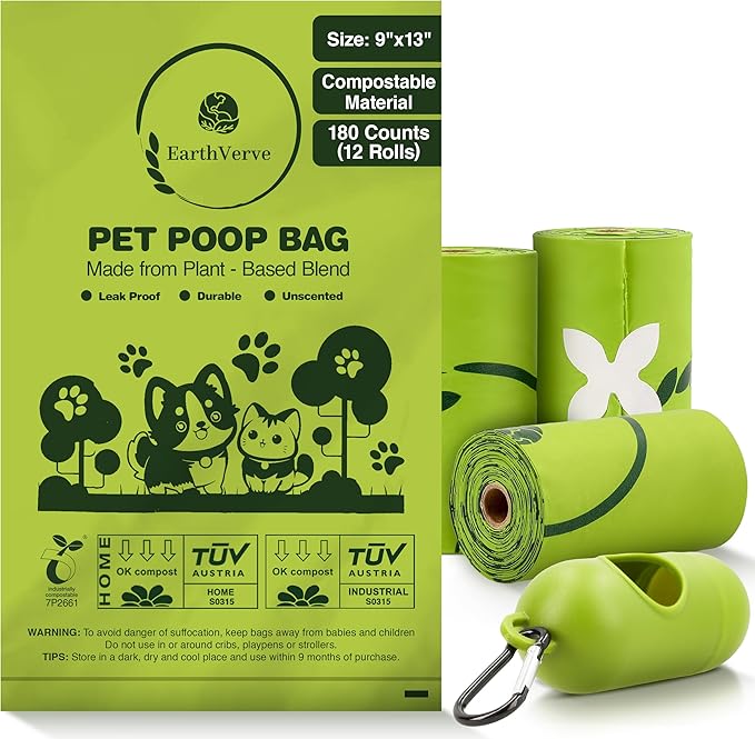 EarthVerve Dog & Cat Compostable Poop Bags (240 Counts w/Dispenser) - Plant Based, Enhanced Leak-Resistant, Odor-Resistant & Durable – Unscented,Sustainable Cleanup Solution –10% to Animal Rescue