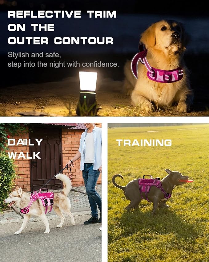 Dog Harness Medium Sized Dog, No Pull Dog Vest with Molle System | Tactical, Easy Control With Handle, Breathable Soft Padded, Adjustable, Reflective, No Choke for Walking, Pink Camo Medium