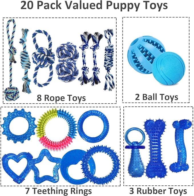 PawsAion 20 Pack Puppy Chew Toys for Teething & Fun (Chew Toys for Puppies 0-6 Months Bundle with Various Rubber Rings, Rope Toys and Balls for Interactive Play, Teeth Cleaning & Relief