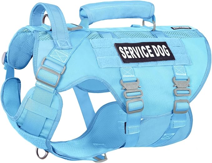 Service Dog Vest for Large Dogs, Blue Tactical Harness with Military MOLLE, Breathable Mesh & 39g Metal Buckle - Size L for Training & Hiking