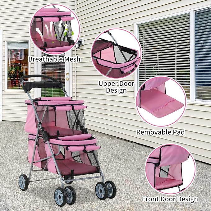 Dog Stroller 4 Wheels Cat Stroller Double Layer Pet Strollers Pet Carriers Jogger Strollers for Medium Dogs Cats Travel Camping Strolling Cart with Cup Holder Removable Liner, Pink