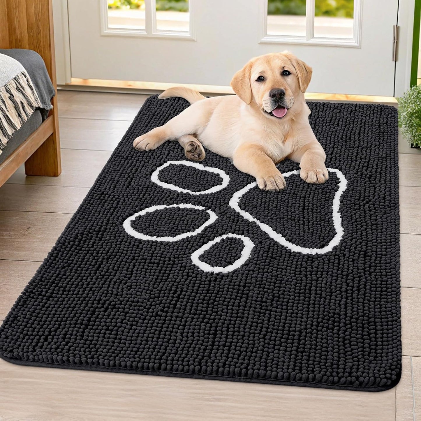 Smiry Dog Door Mat for Muddy Paws, Absorbent Dirt Trapper Non Slip Quick Dry Washable Chenille Mat for Mud Dogs, Entry Rug for Indoor and Outdoor (40x32 Inches, Black)