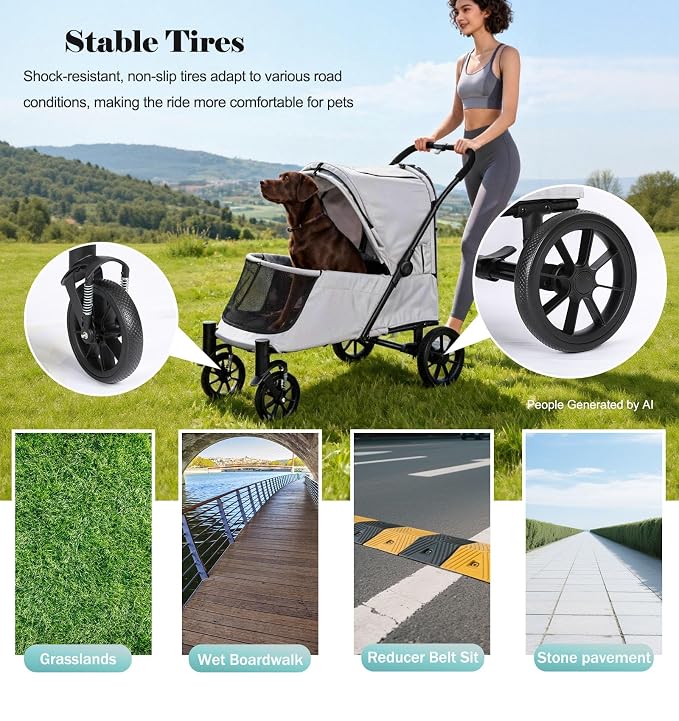 Pet Stroller with Ramp for Large Dogs up to 132lbs, Large Pet Gear for Multiple Dogs/Cats, All-Terrain with Mesh Dual-Window & NO-Zip, Removable Mattress & Slope Pad (Gray)